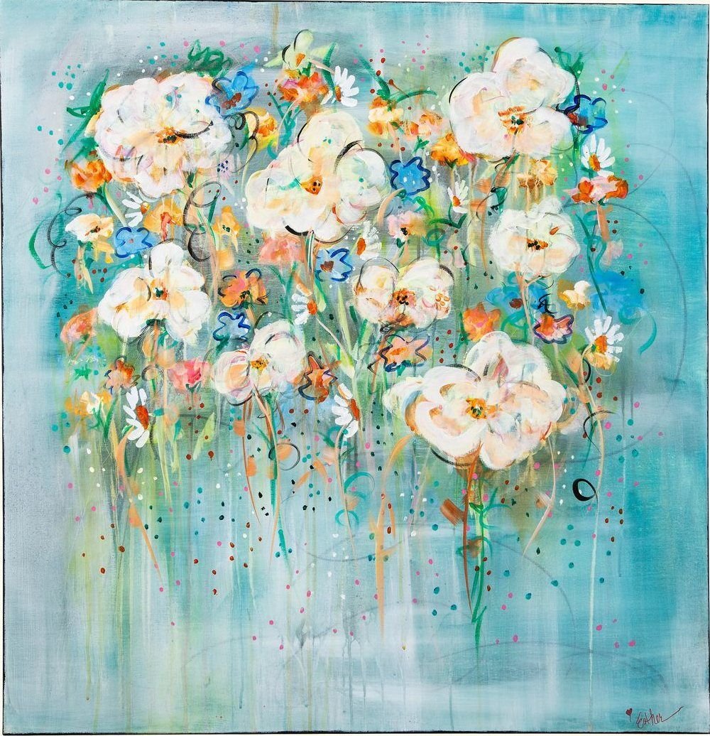 Always Spring 3, an abstract floral painting by Esther Daniels: loose white and peach blooms over a dripping turquoise ground