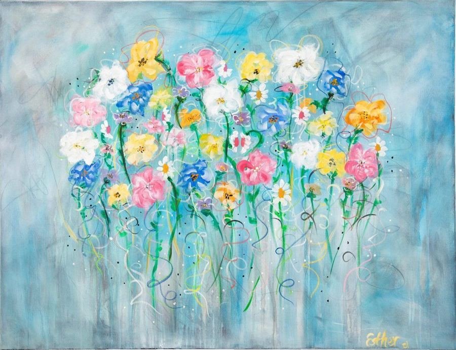 Always Spring 6 by Esther Daniels: abstract painting, pastel wildflowers in pink, blue and peach