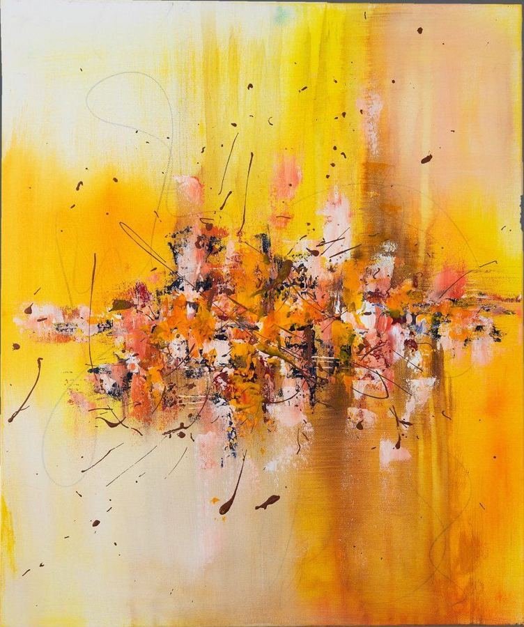 Burning Sun by Esther Daniels: abstract painting, golden yellow ground with a band of orange and red marks