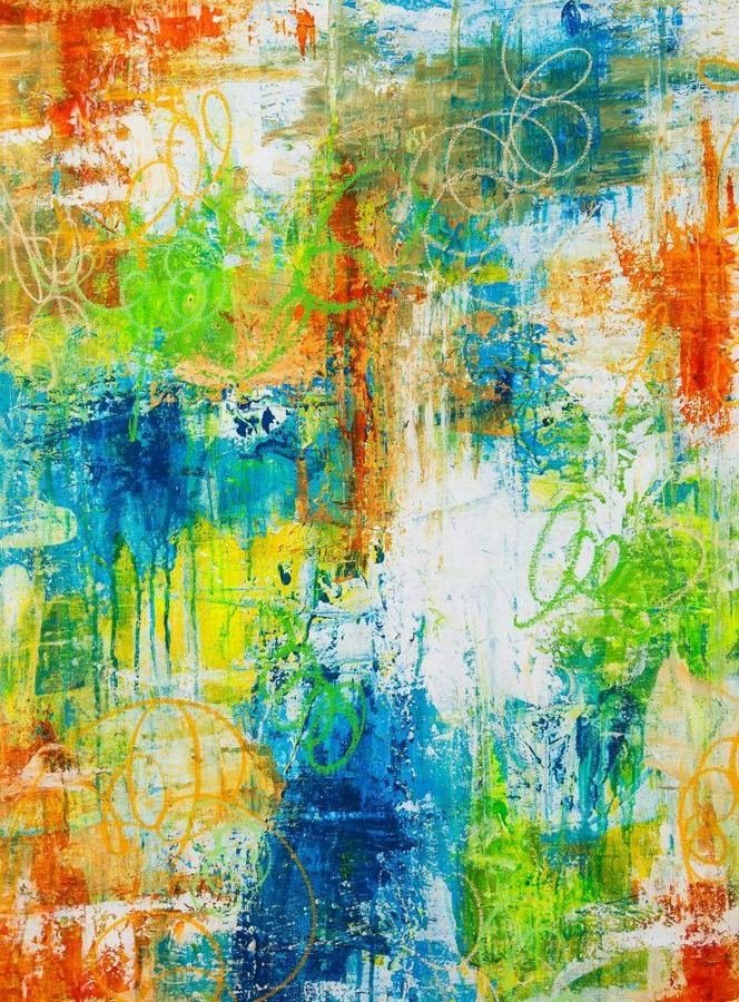 Deep Sea Dreams 1 by Esther Daniels: abstract painting, a vertical composition of teal, green and ochre layered strokes