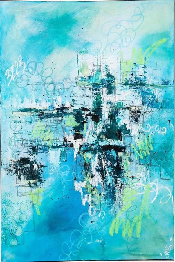 Deep Sea Dreams 6 by Esther Daniels: abstract painting, turquoise and navy with dark horizontal marks