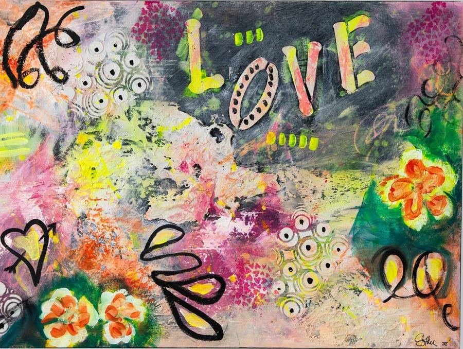 Love in the Streets by Esther Daniels: abstract painting, graffiti-style LOVE lettering with orange flowers on pink