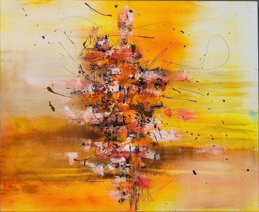 Orange Fire by Esther Daniels: abstract painting, a blazing field of marigold and amber with a vertical rust accent