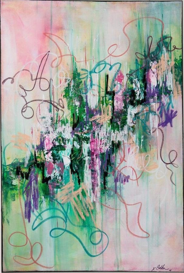 Pink Party by Esther Daniels: abstract painting, vertical strokes of pink, sage and charcoal