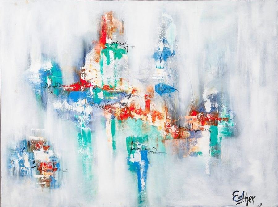 Through the Clouds by Esther Daniels: abstract painting, soft white field with drifting teal, coral and blue accents